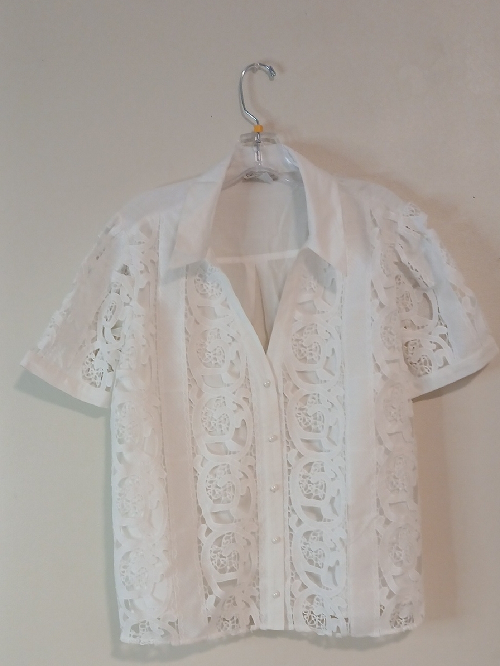 Cato White Lace Button-Front Short Sleeve Blouse